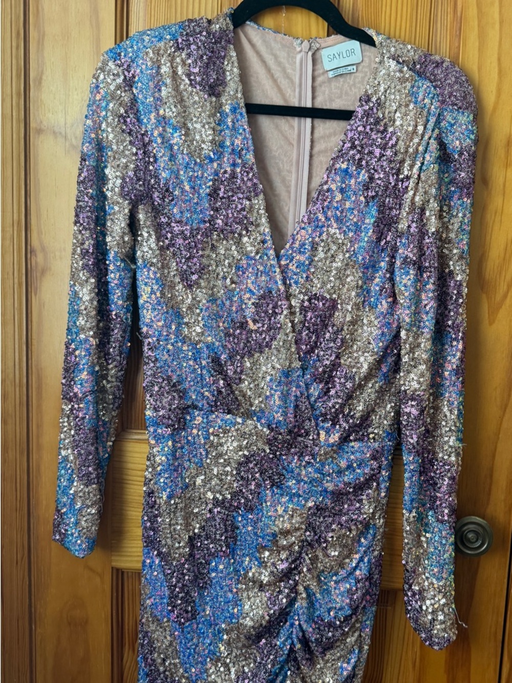 SAYLOR Pink Sequin-Embellished Dress with Blue & Purple Accents